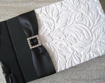 Wedding Black and White Guest Book, Custom, Handmade - White Textured Leaves