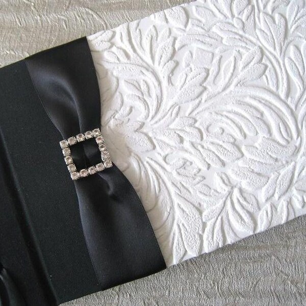 Wedding Black and White Guest Book, Custom, Handmade - White Textured Leaves