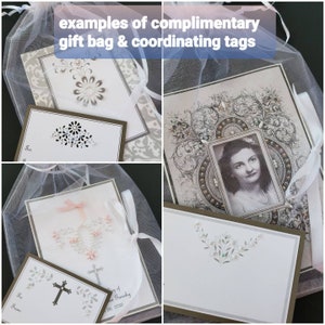 May include: Examples of complimentary gift bags and coordinating tags. The tags feature a cross, floral designs, and a portrait of a woman. The bags are made of sheer white fabric.