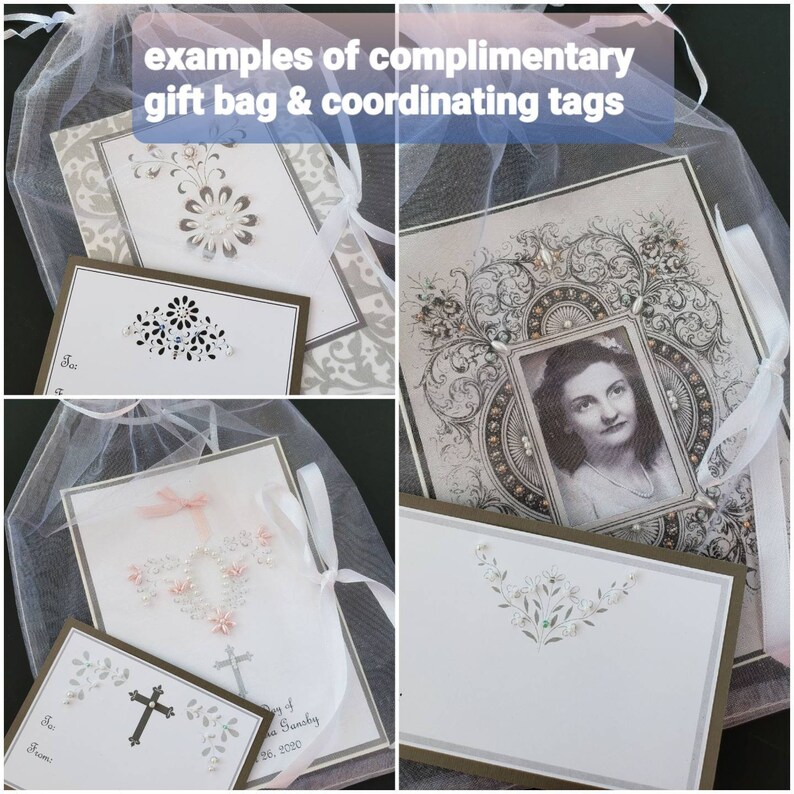 May include: Examples of complimentary gift bags and coordinating tags. The tags feature a cross, floral designs, and a portrait of a woman. The bags are made of sheer white fabric.