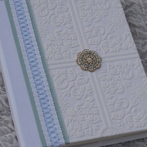 Wedding Photo album, wedding gift, 8x10, Hand-Beaded Medallion, white and aqua, corset style lace, Hand-made Album, Photo book, album image 1