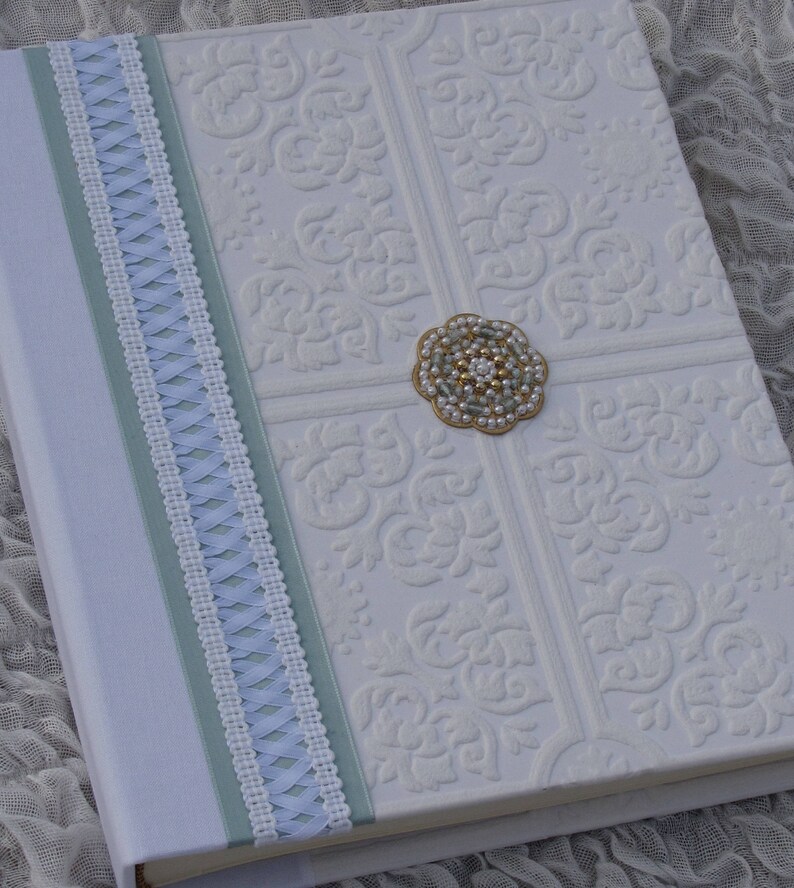 Wedding Photo album, wedding gift, 8x10, Hand-Beaded Medallion, white and aqua, corset style lace, Hand-made Album, Photo book, album image 1