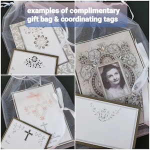 Peut inclure: Exemples de sacs cadeaux compl&eacute;mentaires et d'&eacute;tiquettes assorties. Les &eacute;tiquettes pr&eacute;sentent une croix, des motifs floraux et un portrait de femme. Les sacs sont en tissu blanc transparent.