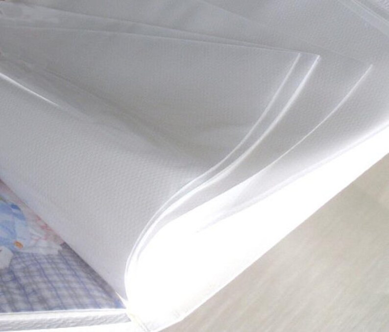 May include: Close-up of a white plastic photo album with clear plastic sleeves for holding photos. The album is open and the sleeves are visible.