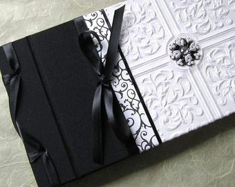 Wedding Guest Book & Pen Vintage Textured Paper - Gothic Inspired  Black and White with Handstitched Beading