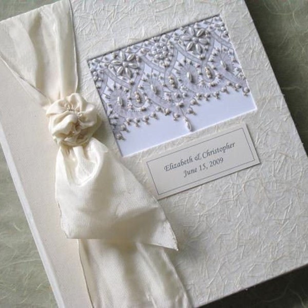 Personalized Ivory Beaded Wedding Photo Album - Hand stitched Battenberg Lace Design, 8x10