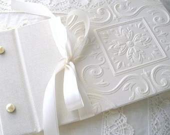 Wedding Guest Book or Photo Album, Personalized Vintage Inspired White or Ivory