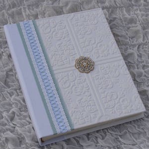 Wedding Photo album, wedding gift, 8x10, Hand-Beaded Medallion, white and aqua, corset style lace, Hand-made Album, Photo book, album image 2