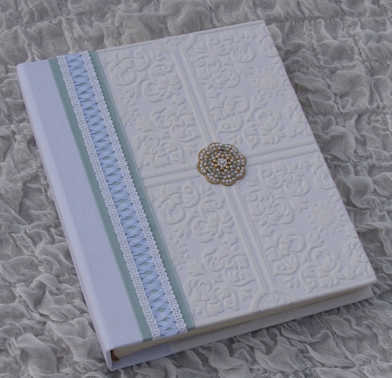 Wedding Photo album, wedding gift, 8x10, Hand-Beaded Medallion, white and aqua, corset style lace, Hand-made Album, Photo book, album image 2