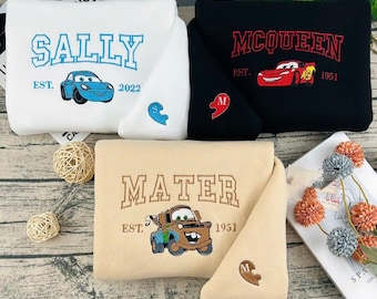 Sudadera con capucha bordada de Cars: Rayo McQueen, Sally y Mater. Un regalo perfecto para fans de Pixar.