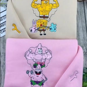 Sudadera bordada divertida – Jersey musculoso de Bob Esponja y Patricio – Sudadera con capucha de ensueño de dibujos animados – Regalo de estética urbana kawaii