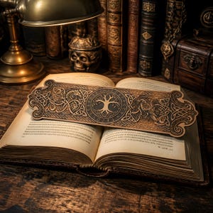 May include: A rectangular wooden bookmark featuring intricate laser-engraved Celtic knotwork, a central Yggdrasil tree of life surrounded by runic characters, and detailed depictions of a dragon and a raven on either side of the central emblem.