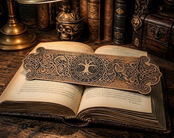 Marcapáginas de madera con el Árbol de la Vida Celta, sujetapáginas de roble dorado grabado con láser con dragón, cuervo y símbolos rúnicos nórdicos, regalo para amantes de los libros.