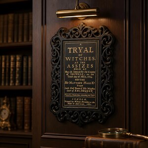 May include: A rectangular wall plaque featuring an ornate black frame with intricate scrollwork. The central panel is black with gold text reading A TRYAL OF WITCHES, AT THE ASSIZES HELD AT BURY ST. EDMUNDS FOR THE COUNTY OF SUFFOLK, ON THE TENTH DAY OF MARCH, 1664.