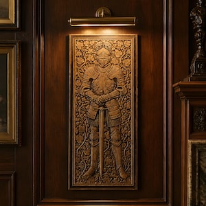 May include: A rectangular wooden wall plaque featuring a detailed relief carving of a knight in full plate armour standing with hands resting on a sword. The knight is surrounded by intricate vine and grape leaf patterns in a dark brown finish.