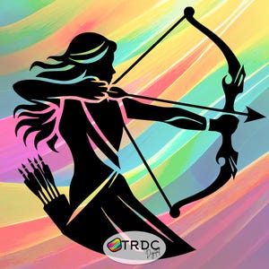 May include: Silhouette of a person holding a bow and arrow, with a colorful abstract background. The person is facing right and has long hair. The bow and arrow are in the foreground, and the background is a blur of colors.
