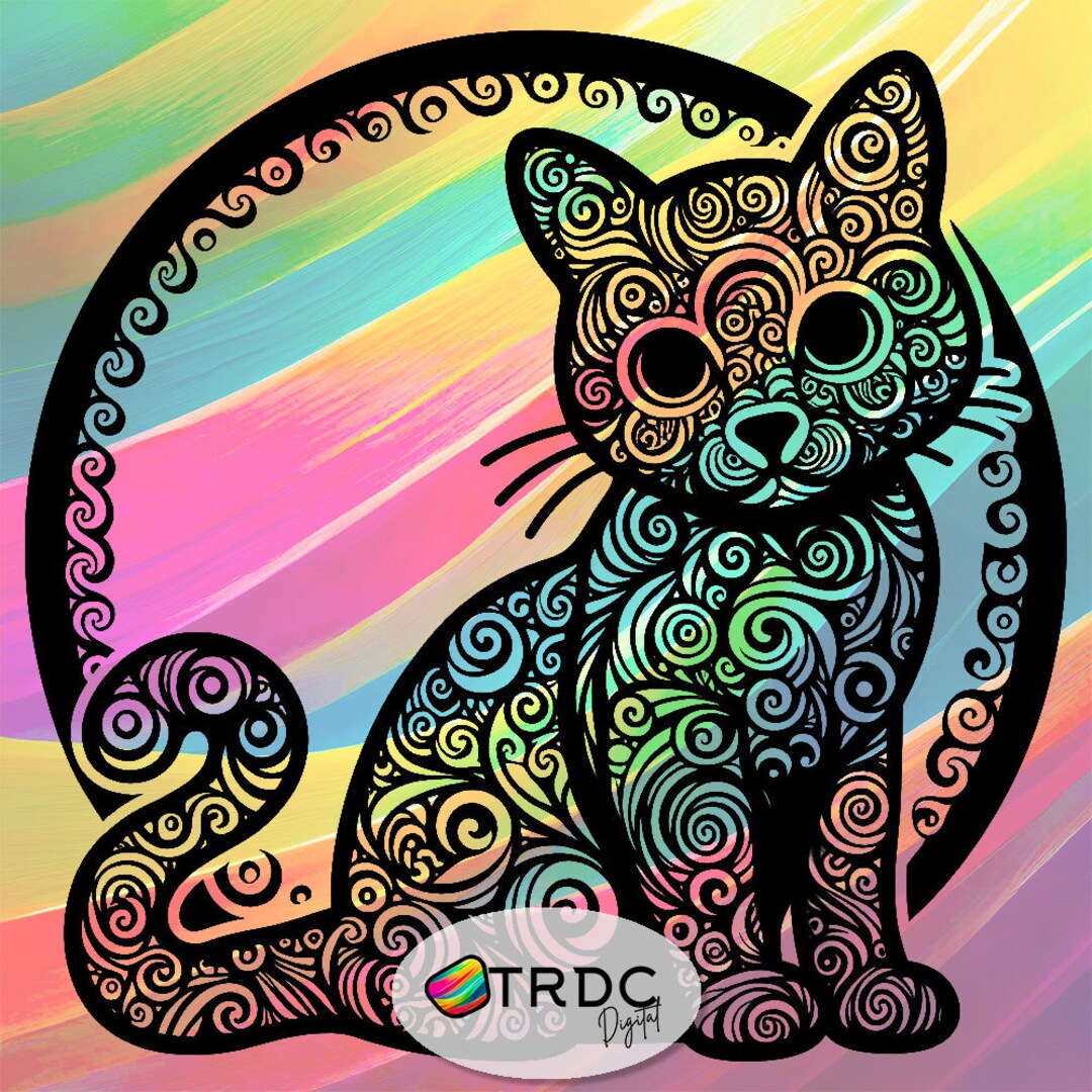 Cute Cat With Swirls and a Circle Border SVG - Intricate Weeding ...