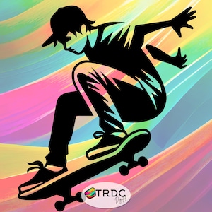 May include: A black and white silhouette of a person skateboarding on a rainbow background. The person is wearing a hat and is in mid-air, with their legs bent and their arms outstretched. The skateboard has wheels and is in motion.