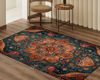 Mandala Themed Rug, Bohemian Carpet, Luxury Living Room Rug, Boho Style Decor, Kitchen Area Round Mat, Authentic Area Rug, Farmhouse Mat