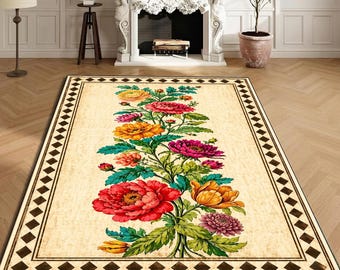 Tapete antiderrapante com estampa floral vintage, lavável, ideal para cozinha, hall de entrada e para quem tem animais de estimação.