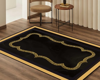 Alfombra lavable negra y dorada con suela de cuero antideslizante (varios tamaños).