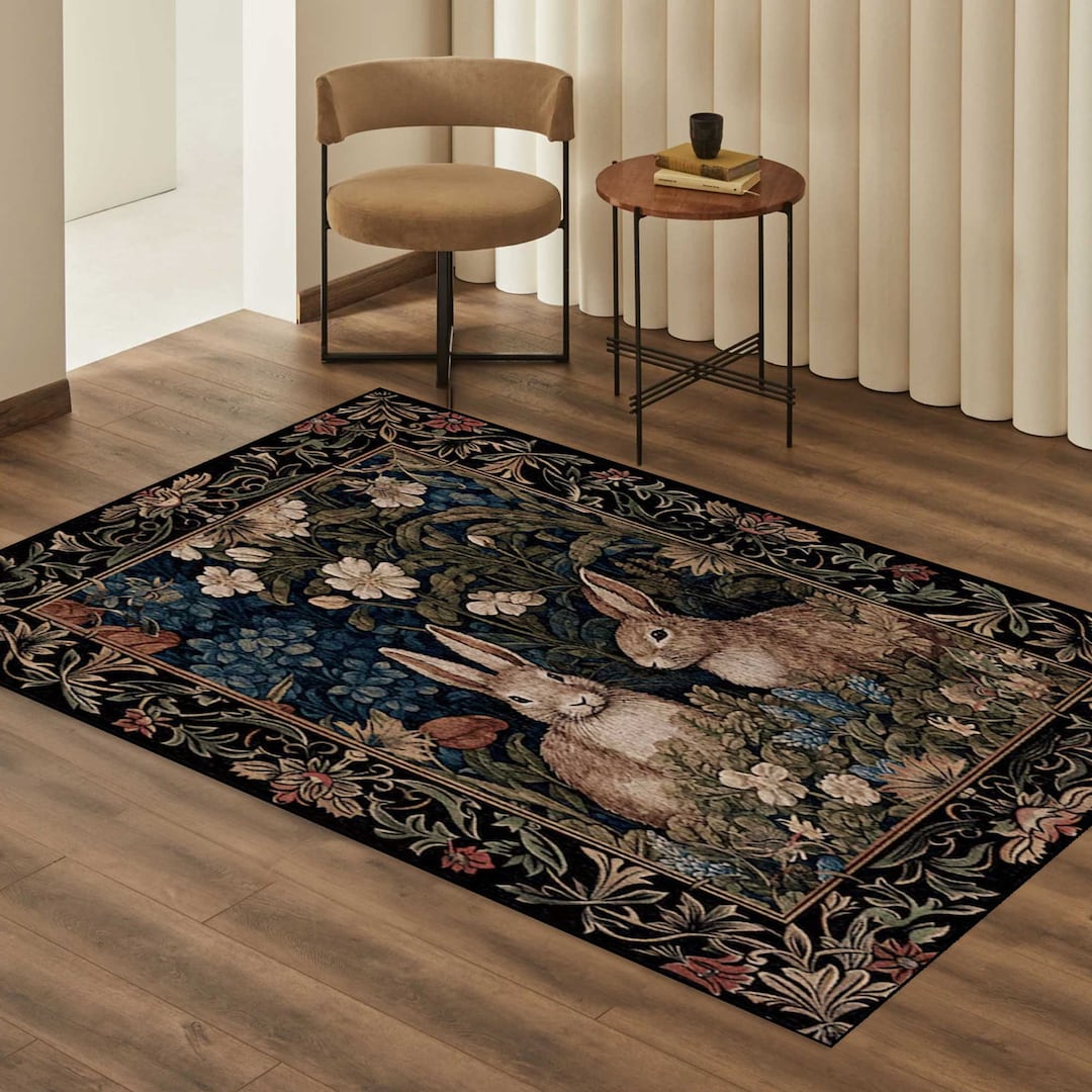Cottagecore Bunnies Floral Rug Botanical Bedroom Decor William Morris ...