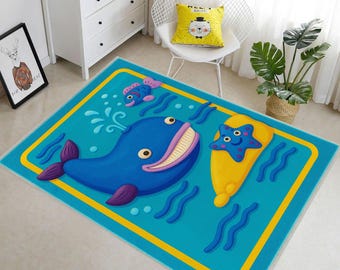 Ocean Theme Kids Rug: Whale and Dolphin Nursery Carpet