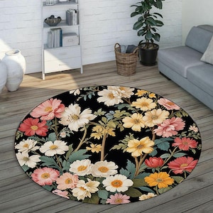 Floraler runder Teppich im Boho-Vintage-Stil, rutschfest