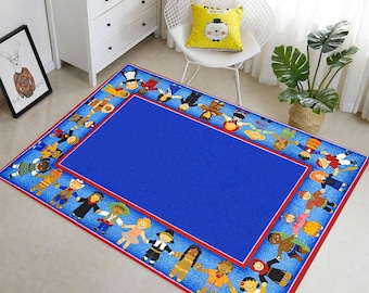 Children's Room Carpet, Washable Non-Slip Based Children's Rug, Kids Holding Hands Patterned Children's Room Rug, Play Mat, Carpet