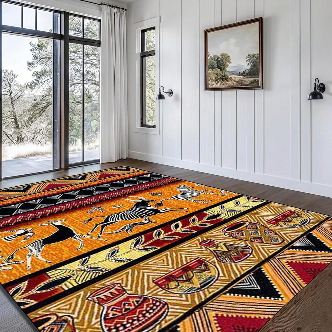 African Tribal Rug, Boho Ethnic Carpet, Safari Animal Pattern Area Rug ...
