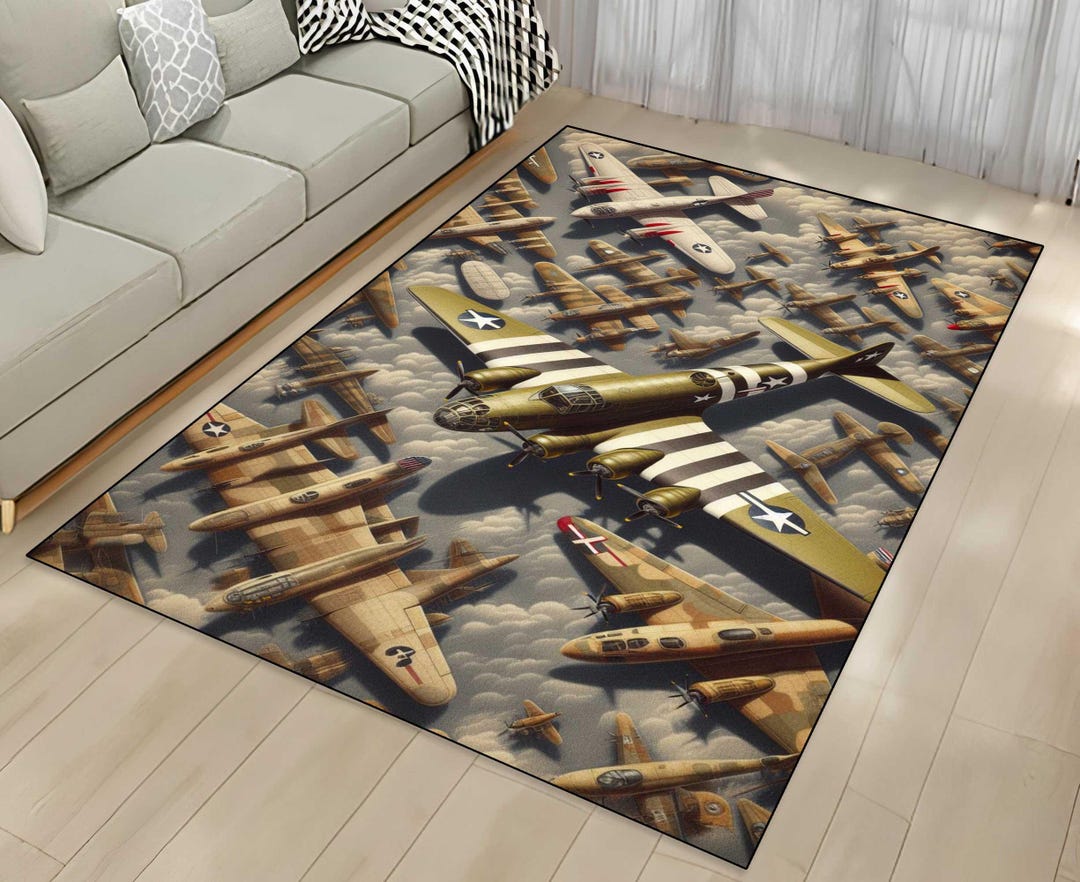 Air Combat Rug Vintage Military Rug - Jeep and Aircraft Print, Non-slip Mat - Etsy