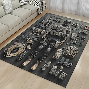 Military Gear Rug: Camouflage Decor, Men&#39;s Room Rug