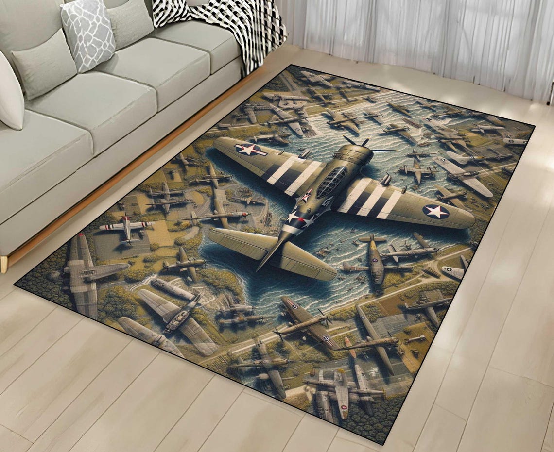 Millitary Rugs Vintage Military Rug - Jeep and Aircraft Print, Non-slip Mat - Etsy
