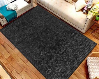 Floral Area Rug: Gold and Black Design - Soft, Durable Polyester