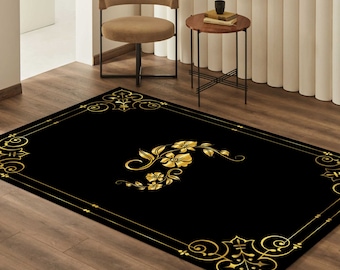 Black And Gold Rug, Rugs For Living Room And Bedroom, Washable Rug, Non Slip Rug, Leather Sole Rug, Home Gift Rug