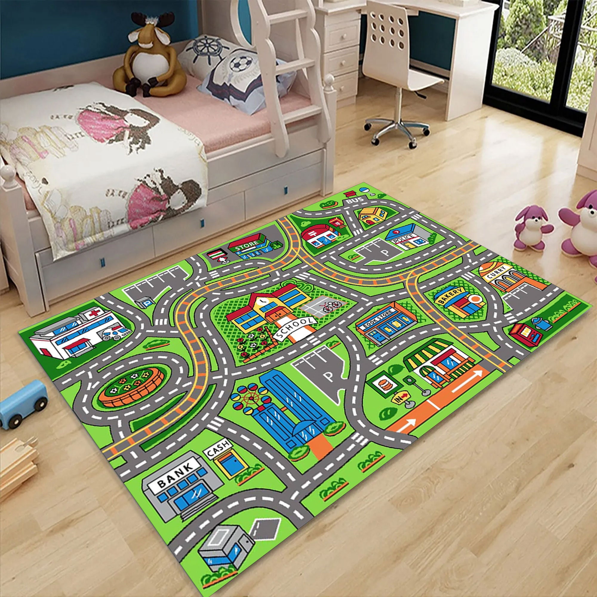 Urban Interactive Play Mat, Cityscape Learning Mat, Driveway Play Mat, Car Playroom Mat, Anti-Slip Mat for Playground