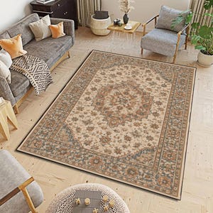 Peut inclure: Un tapis rectangulaire orné d'un motif central en médaillon avec des détails floraux complexes dans des tons orange sourd, bleu et crème. Le tapis présente une large bordure décorative avec des motifs floraux répétés et un bord fin foncé.