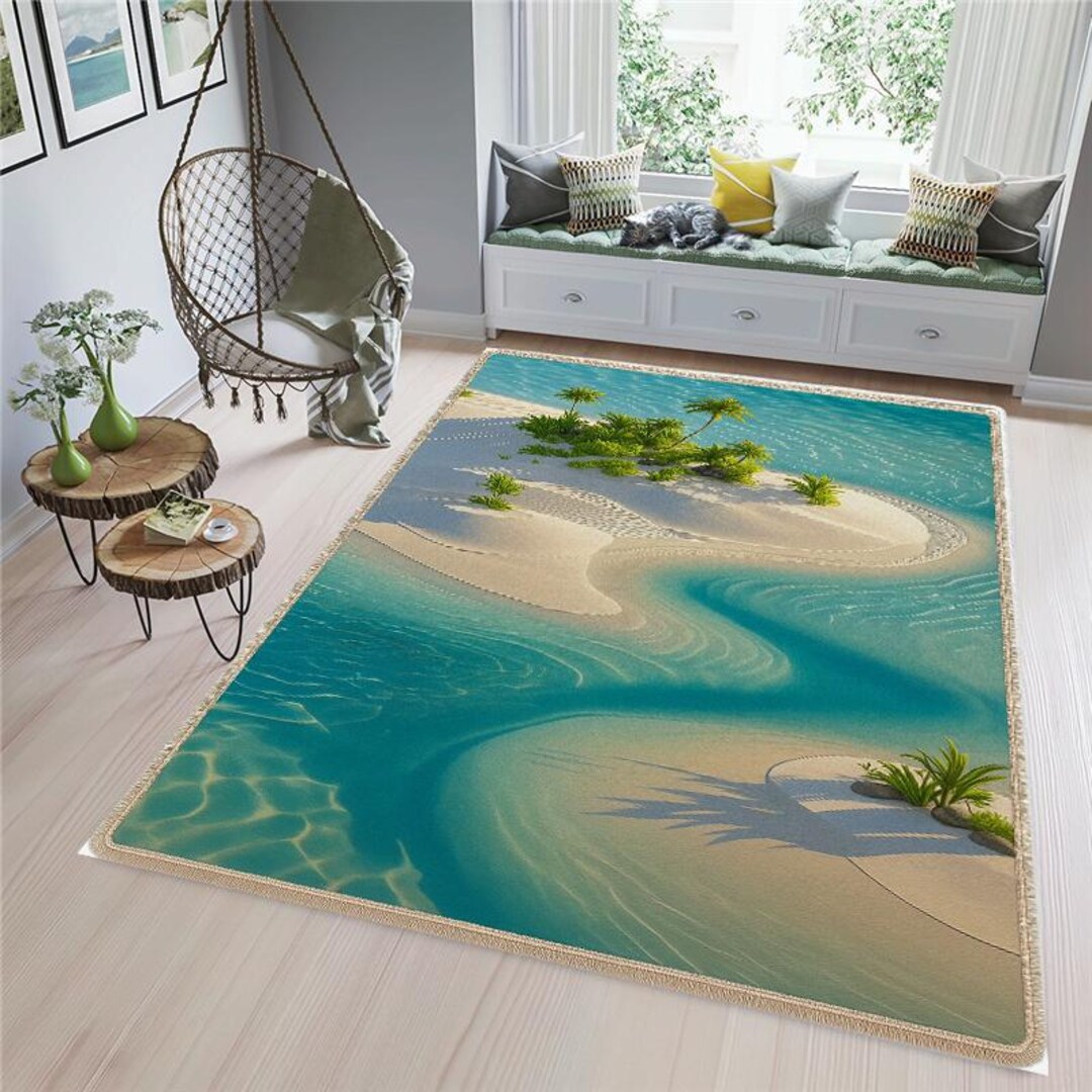Rectangle Rug Beach Tropical Beach Rug: Ocean Waves & Palm Tree Coastal Decor - Etsy