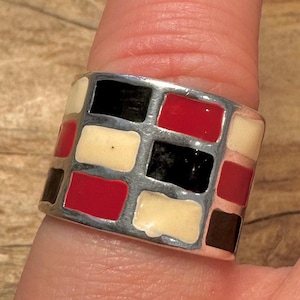 Modern Multi Enamel Coloured 925 Silver Size L1/2 Ring