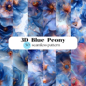 Naadloze 3D blauwe pioenroos, 3D-patroon, naadloze pioenroos, afdrukbaar papier, sublimatie, JPG-bestand, 300 DPI, digitale download, commercieel gebruik