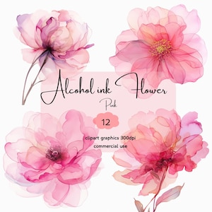May include: Four watercolor flower illustrations in shades of pink and purple. The flowers have delicate, translucent petals and are arranged against a white background. Text includes "Alcohol ink Flower Pink 12" and "clipart graphics 300dpi commercial use."