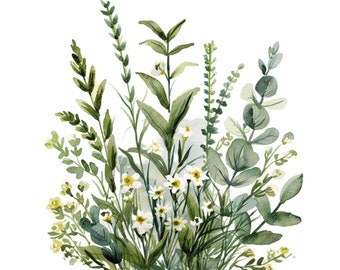 May include: Watercolour painting of a bouquet of white flowers and green foliage. The flowers are small and delicate, with a soft, white colour. The foliage is lush and green, with a variety of textures and shapes.