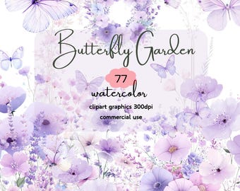 Purple Butterfly Clipart: Flower Garden PNG Graphics (Digital Download)