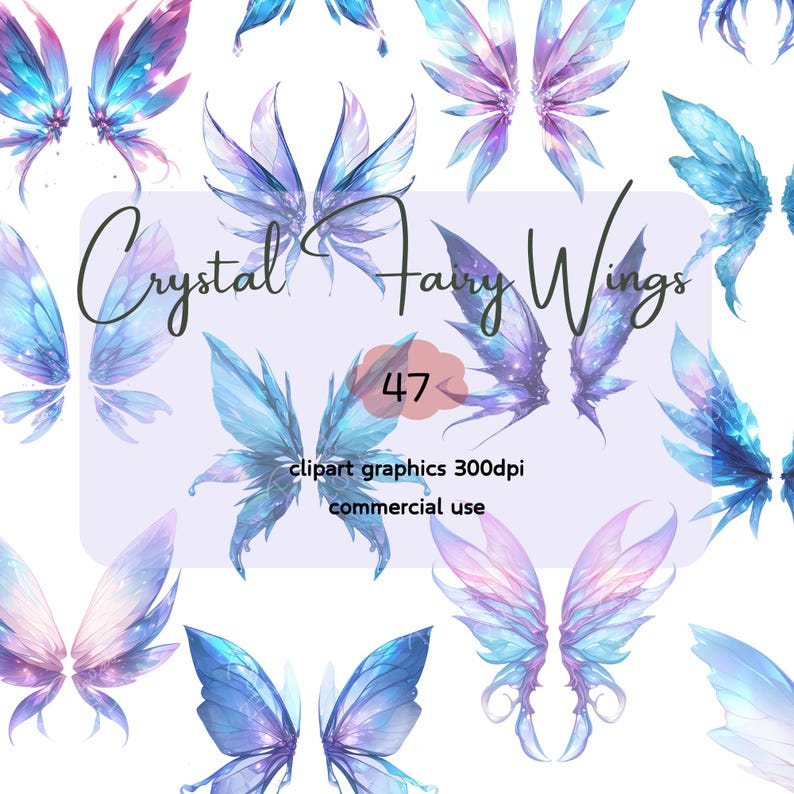 Crystal Fairy Wings Clipart: Blue & Pink Angel Wings (PNG, Digital ...