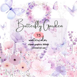 以下が含まれることがあります： 「Butterfly Garden」をテーマにした水彩イラスト。デザインには、紫、ピンク、白の色合いの蝶、花、葉が含まれています。テキスト要素には「73 watercolor」、「clipart graphics 300dpi」、「commercial use」が含まれています。