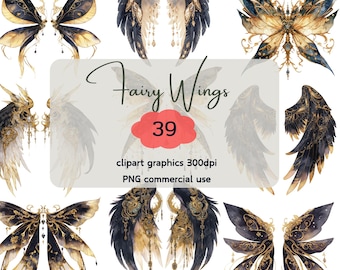 Gothic Fairy Wings Clipart: Black Gold Butterfly Evil Designs (Digital Download)