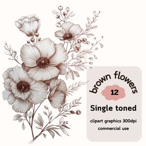 Clipart de flores marrons, flores únicas em tons marrons, impressão floral, arquivo PNG, 300 DPI, download digital, uso comercial, diário de lixo eletrônico