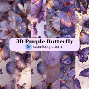 May include: A digital art design featuring a seamless pattern of 3D purple butterflies and flowers. The image has a soft, dreamy aesthetic with gold accents and the text "3D Purple Butterfly 36 seamless pattern".