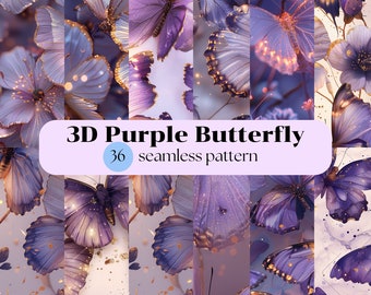 May include: A digital art design featuring a seamless pattern of 3D purple butterflies and flowers. The image has a soft, dreamy aesthetic with gold accents and the text "3D Purple Butterfly 36 seamless pattern".
