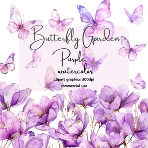 Clipart de jardim de borboletas, clipart de borboleta roxa, clipart de flores, arquivo PNG, 300 DPI, download digital, uso comercial, registro em diário de lixo